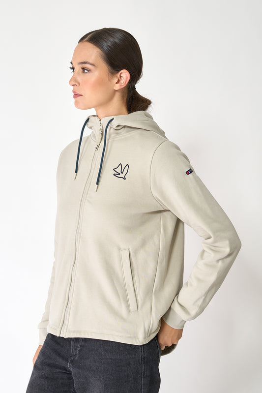 Zip-up sweatshirt with embroidered bird and rear pleat