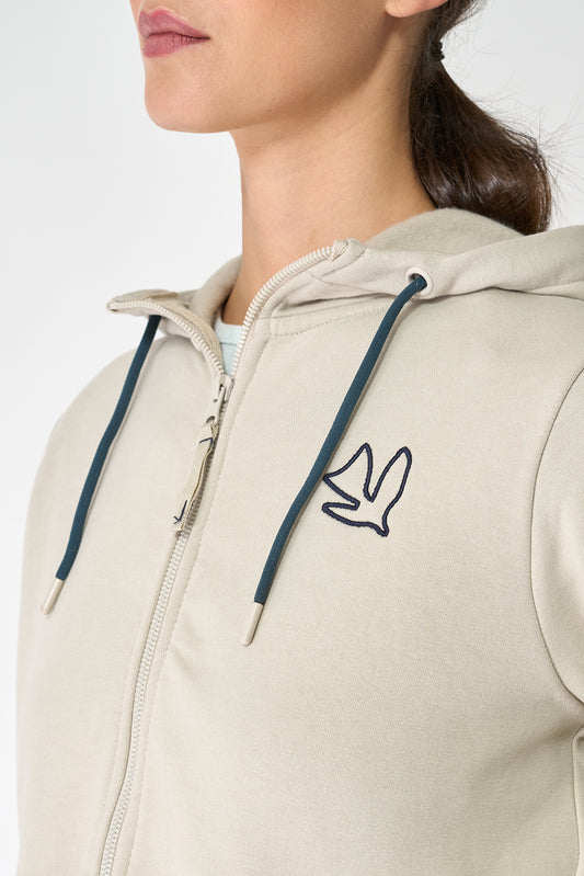 Zip-up sweatshirt with embroidered bird and rear pleat