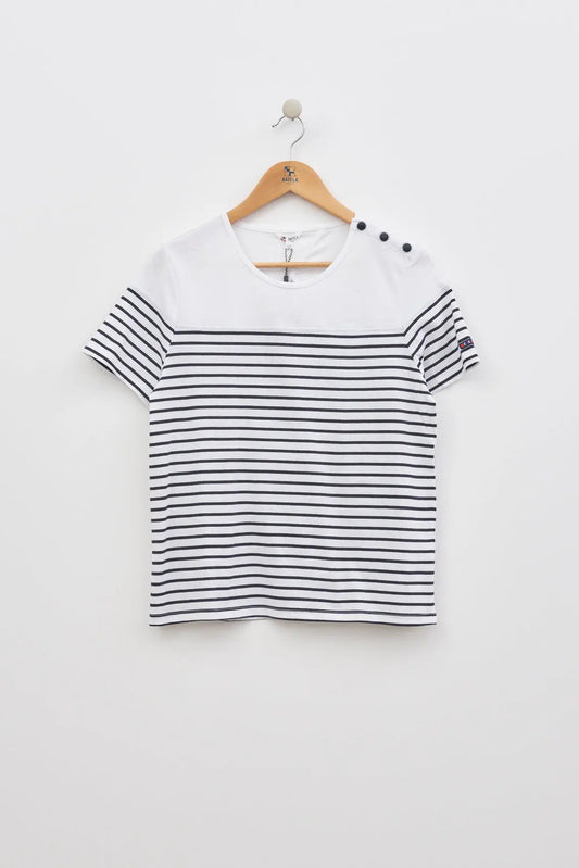 Short-sleeved striped T-shirt with round neck and buttons