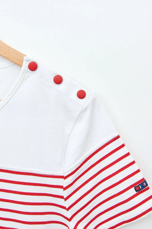 Short-sleeved striped T-shirt with round neck and buttons