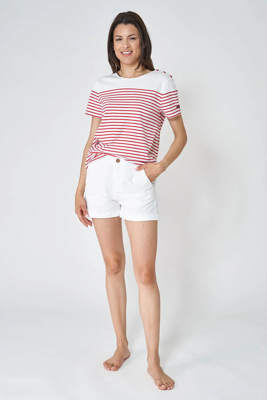 Short-sleeved striped T-shirt with round neck and buttons