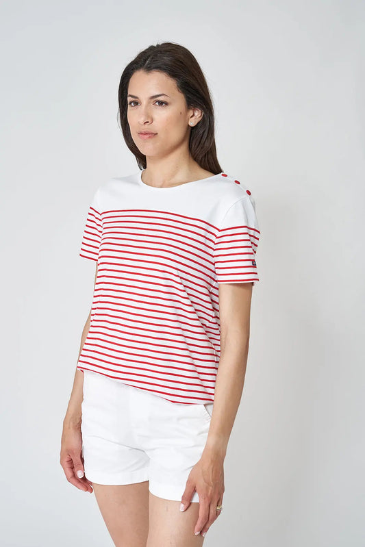 Short-sleeved striped T-shirt with round neck and buttons