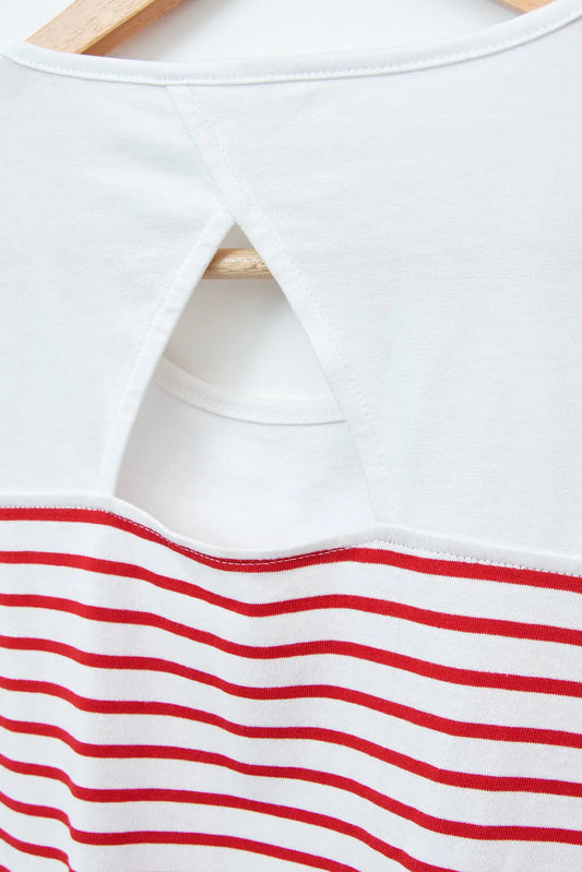 Short-sleeved striped T-shirt with round neck and buttons