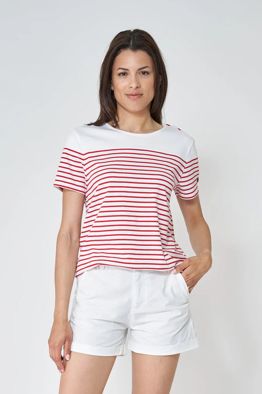 Short-sleeved striped T-shirt with round neck and buttons