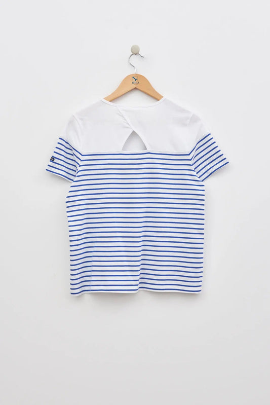 Short-sleeved striped T-shirt with round neck and buttons