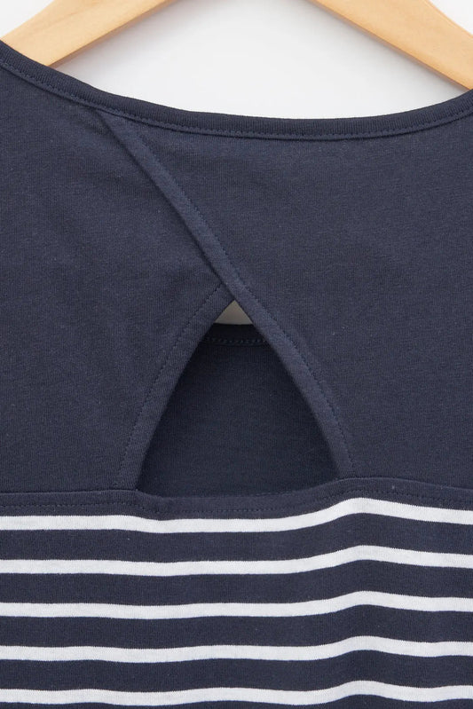 Short-sleeved striped T-shirt with round neck and buttons