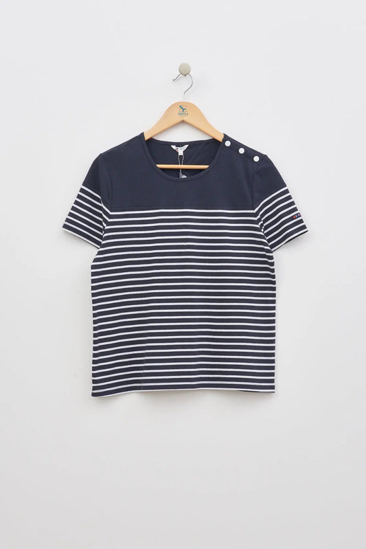 Short-sleeved striped T-shirt with round neck and buttons