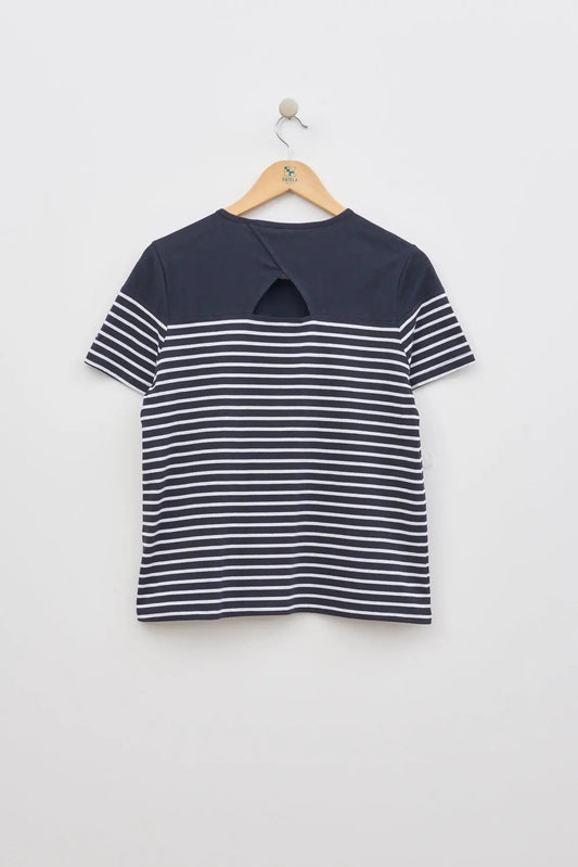 Short-sleeved striped T-shirt with round neck and buttons