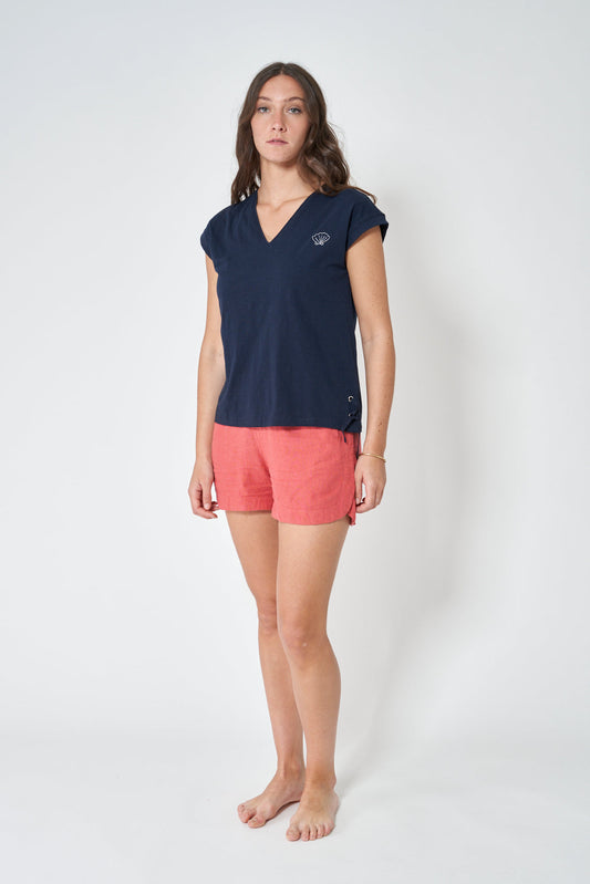 Short-sleeved V-neck cotton T-shirt