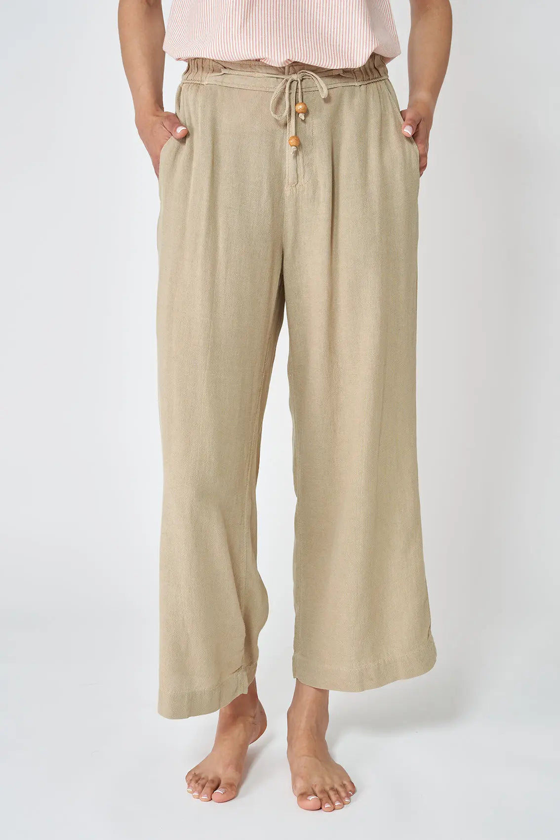 Long linen and tencel trousers with drawstring