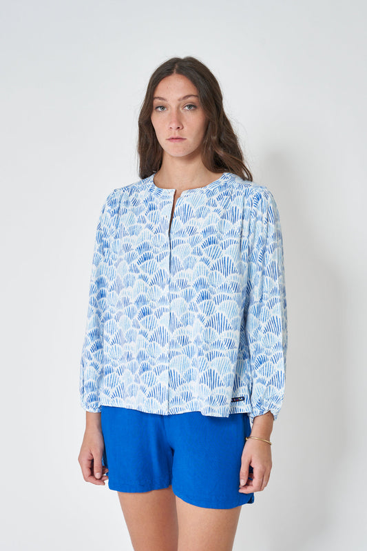 Long-sleeved striped shirt in linen and viscose