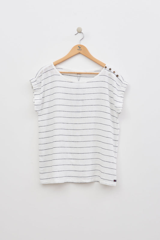 Short-sleeved striped T-shirt in linen and viscose