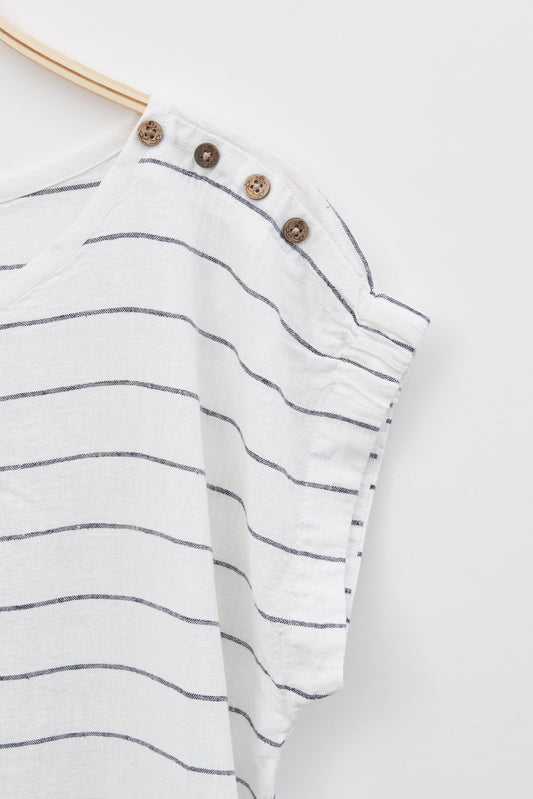 Short-sleeved striped T-shirt in linen and viscose