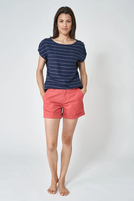 Short-sleeved striped T-shirt in linen and viscose