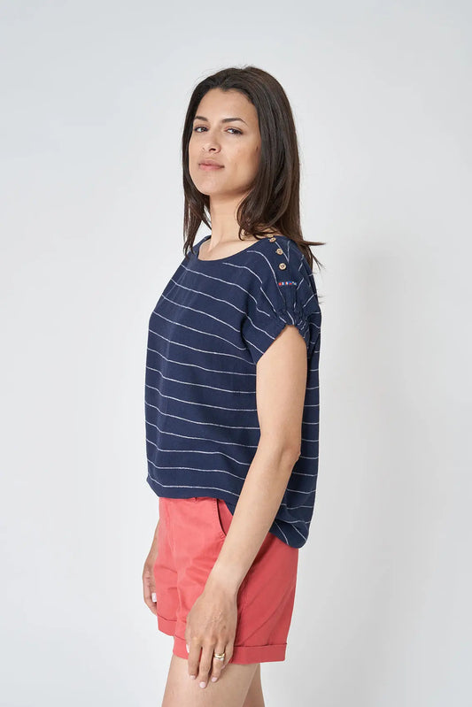 Short-sleeved striped T-shirt in linen and viscose