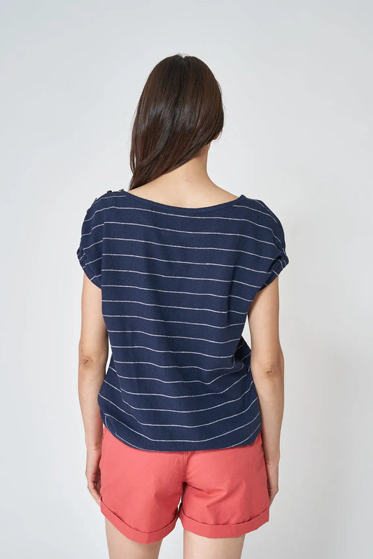 Short-sleeved striped T-shirt in linen and viscose
