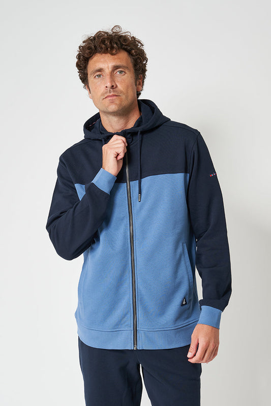 Two-tone terry cloth sweatshirt with hood
