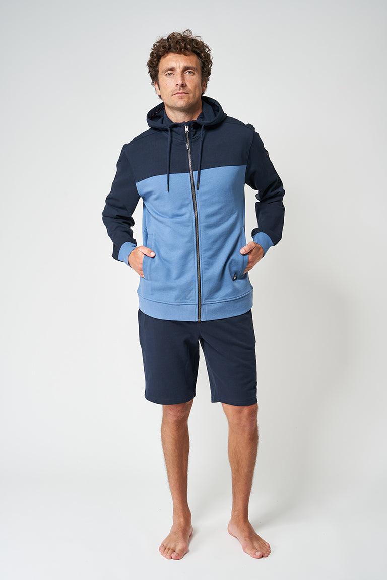 Two-tone terry cloth sweatshirt with hood
