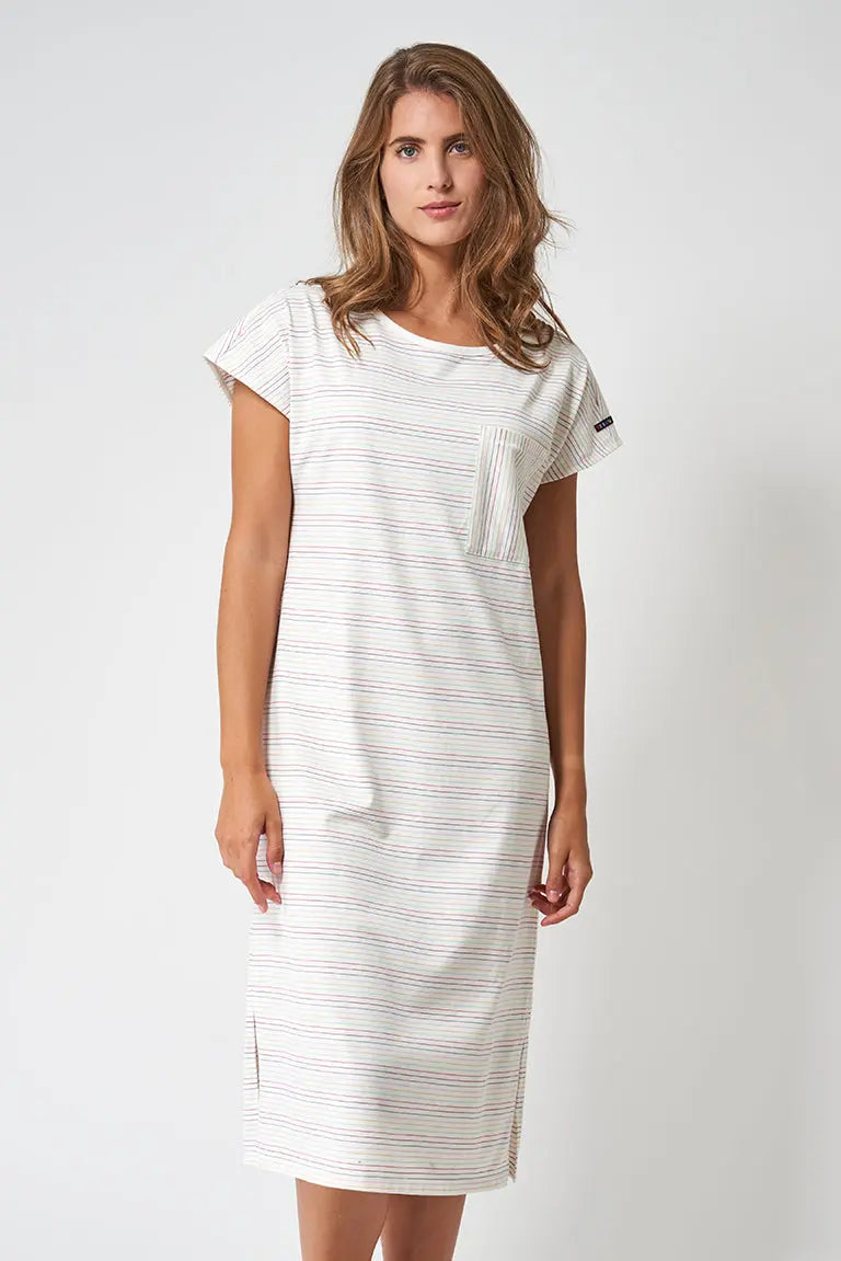Striped cotton dress with round neck and short sleeves
