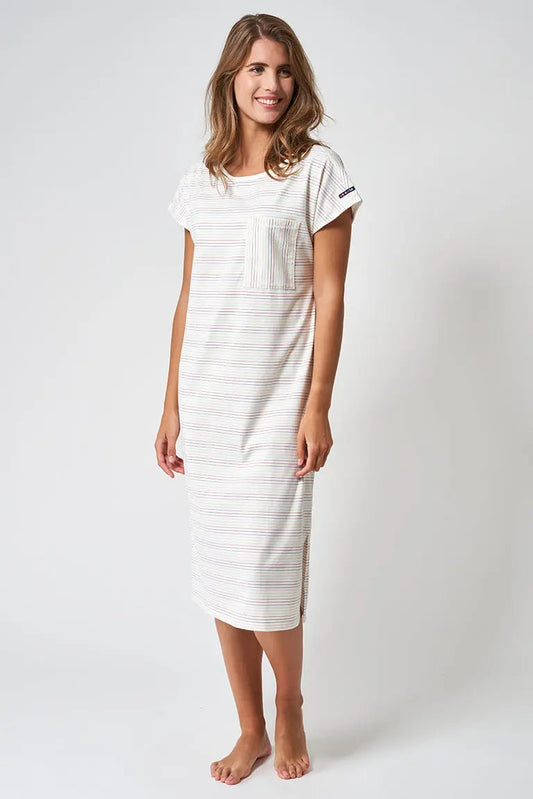Striped cotton dress with round neck and short sleeves
