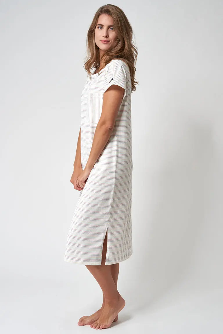 Striped cotton dress with round neck and short sleeves