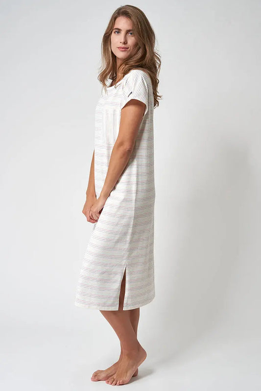 Striped cotton dress with round neck and short sleeves