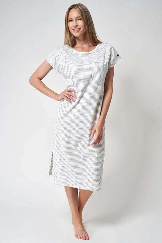 Striped cotton dress with round neck and short sleeves