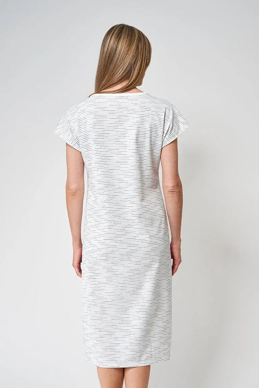 Striped cotton dress with round neck and short sleeves