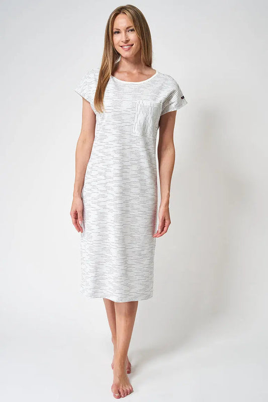 Striped cotton dress with round neck and short sleeves