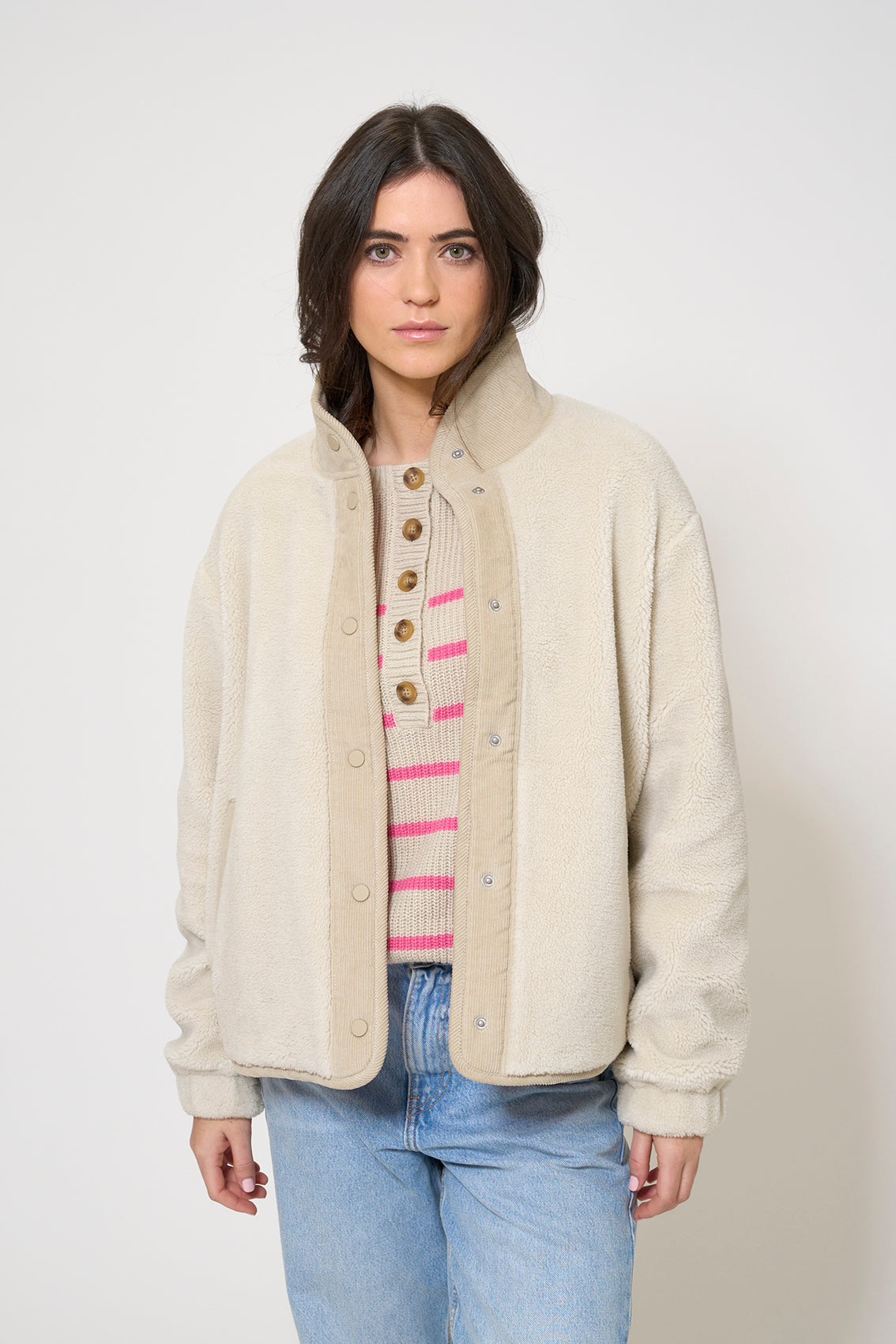 Fleece jacket with corduroy detailing and anchor motif