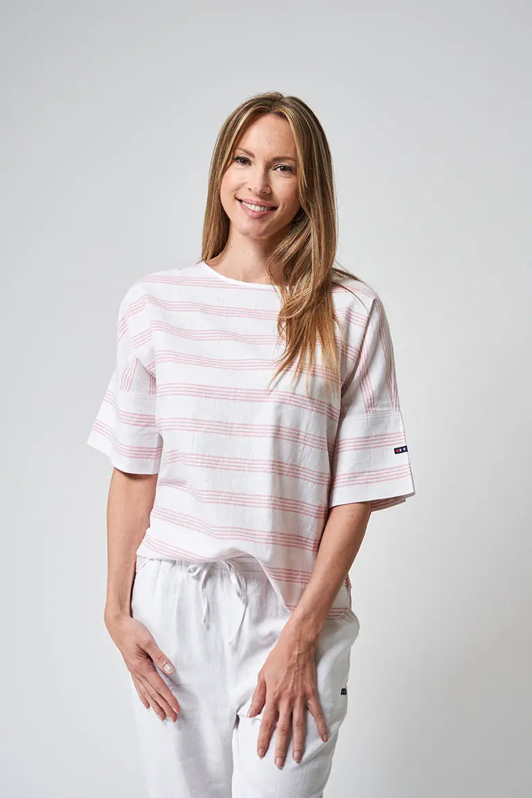 T-shirt en lin et viscose manches courtes, élégant col en V