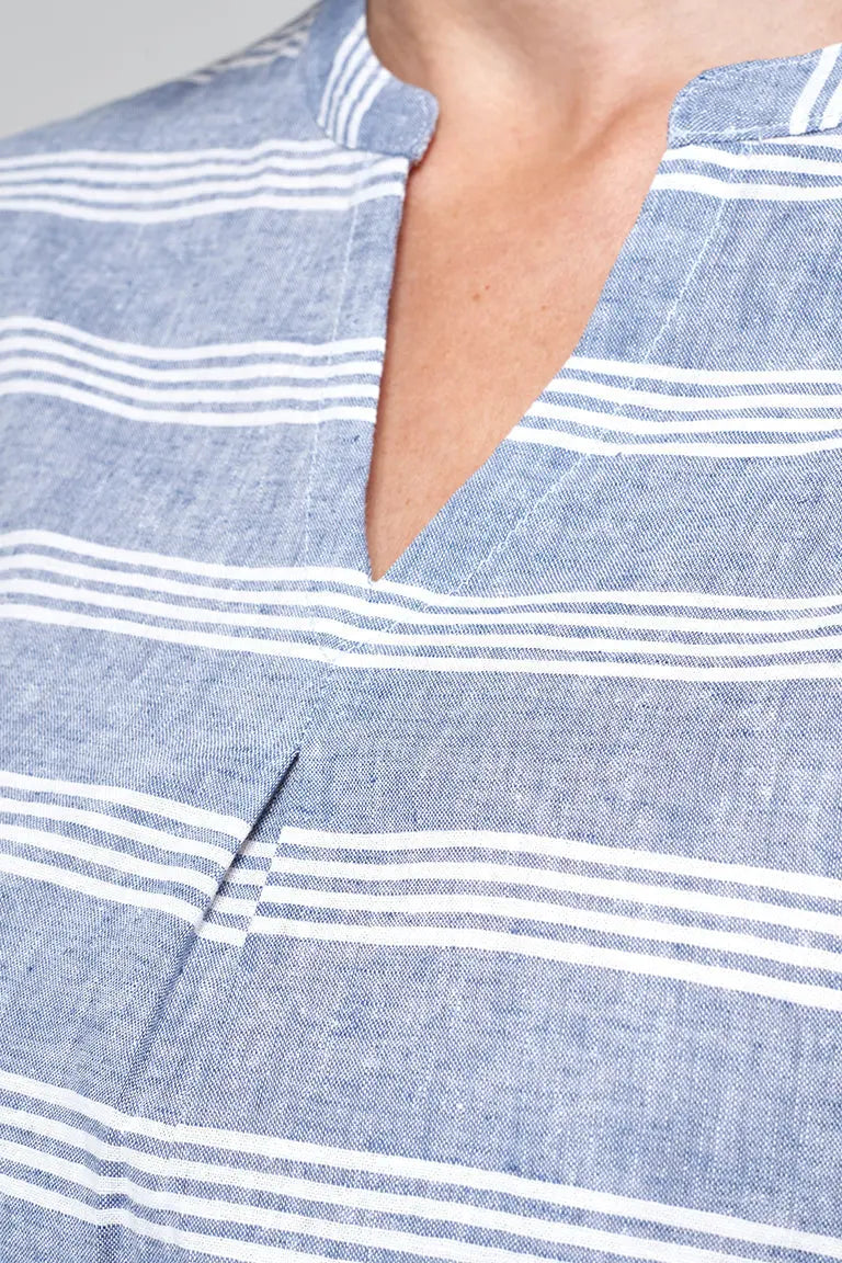Vestido de lino cuello redondo y escote en pico