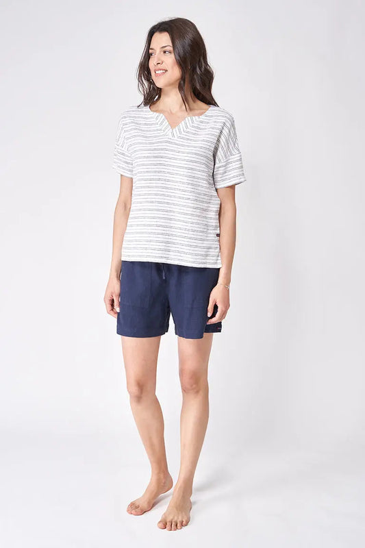 Camiseta de lino y viscosa con cuello en pico