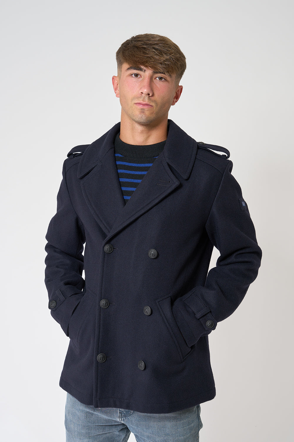 Navy sailor jacket with anchor buttons