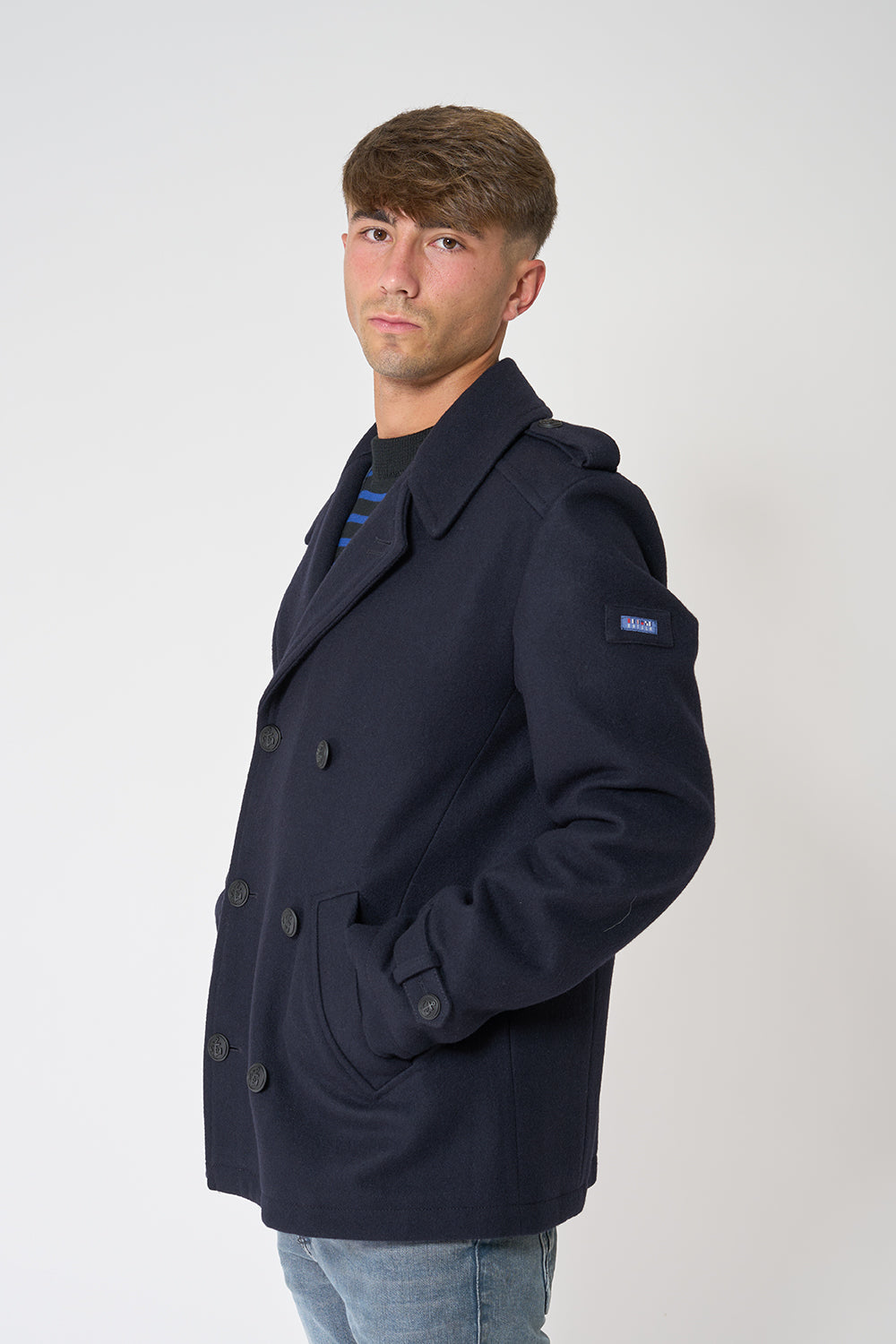 Navy sailor jacket with anchor buttons