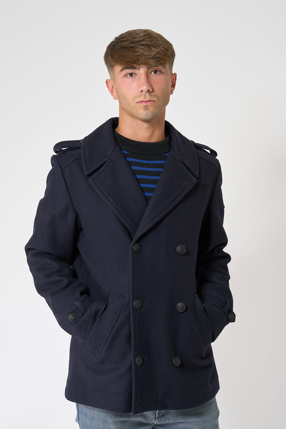 Navy sailor jacket with anchor buttons