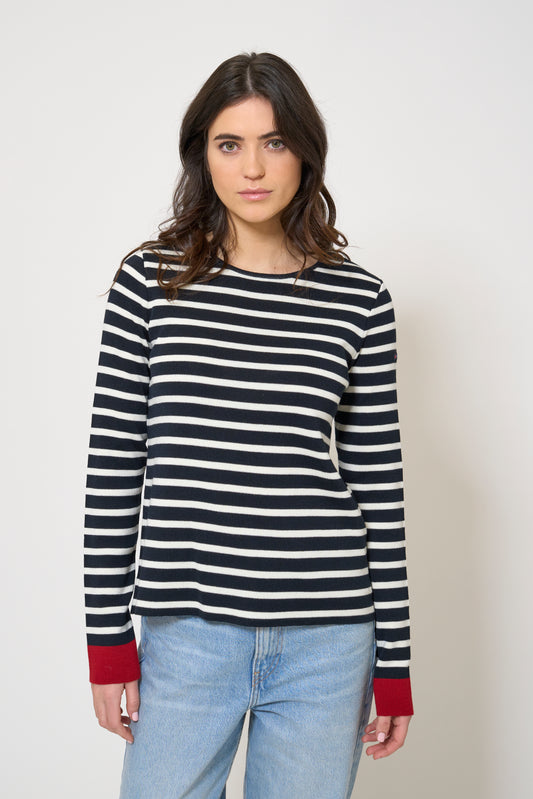 Striped knit pullover with contrasting cuffs