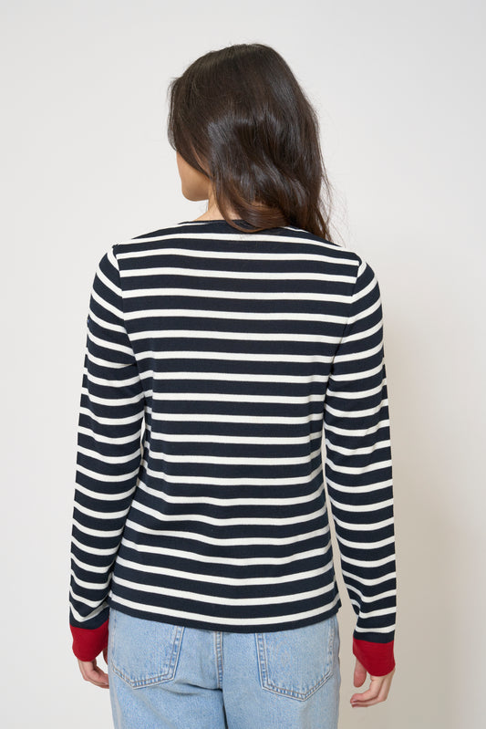 Striped knit pullover with contrasting cuffs