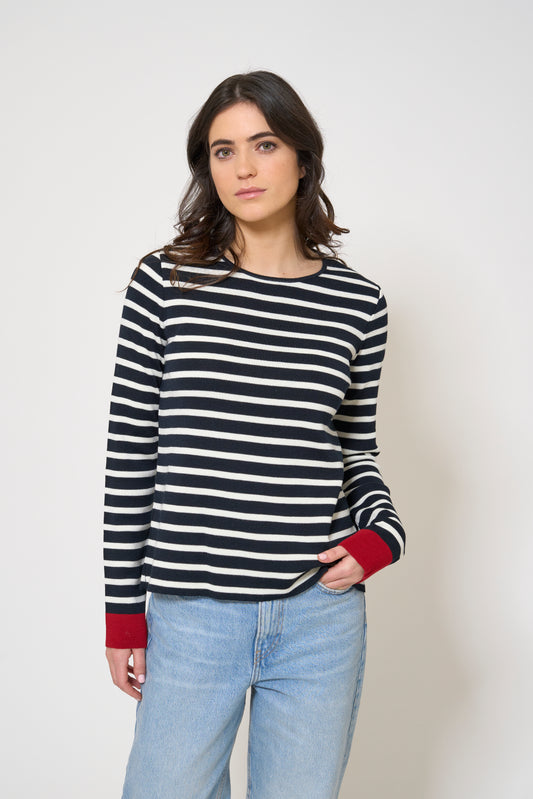 Striped knit pullover with contrasting cuffs