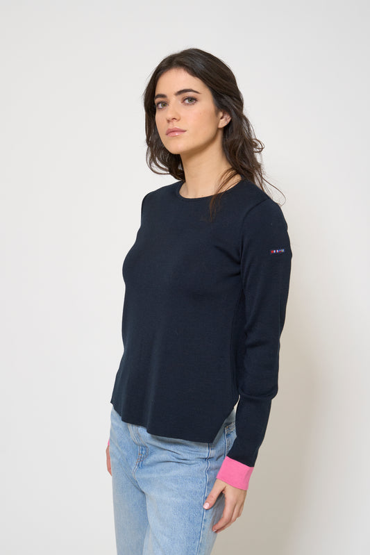 Striped knit pullover with contrasting cuffs