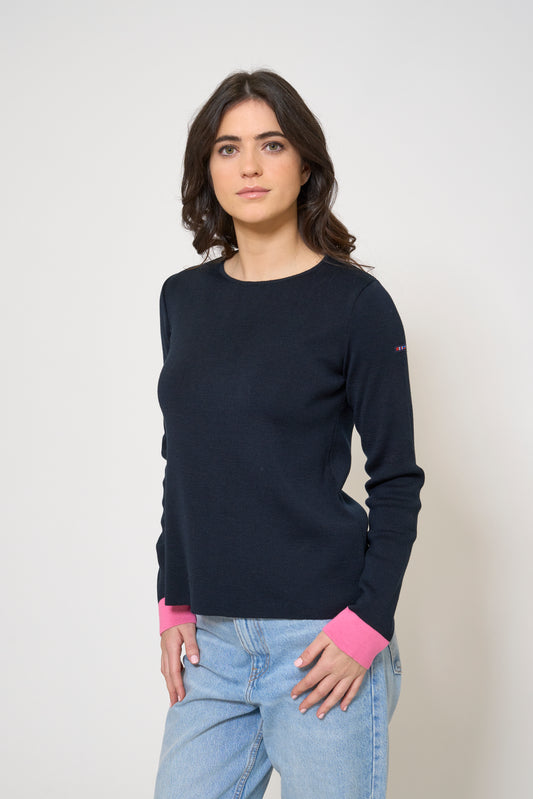 Striped knit pullover with contrasting cuffs