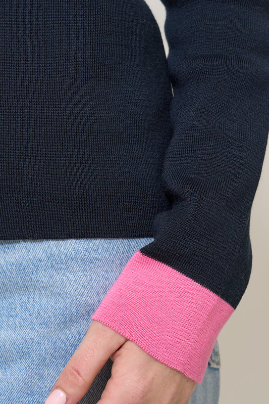 Striped knit pullover with contrasting cuffs