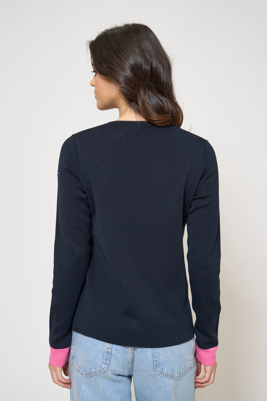 Striped knit pullover with contrasting cuffs