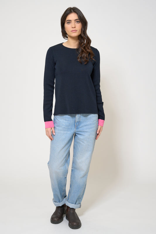 Striped knit pullover with contrasting cuffs