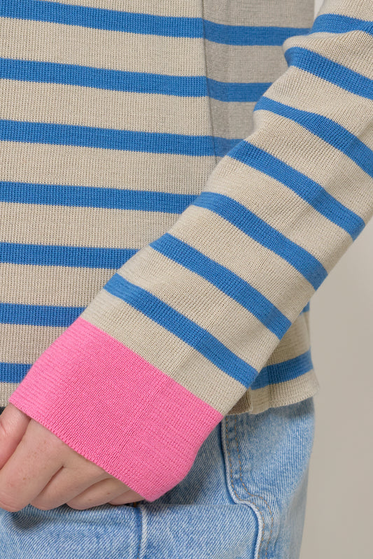 Striped knit pullover with contrasting cuffs