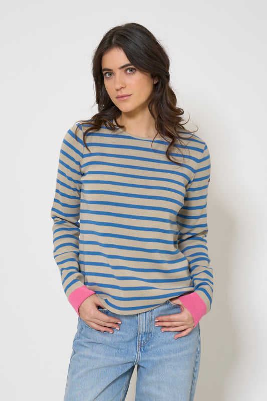 Striped knit pullover with contrasting cuffs