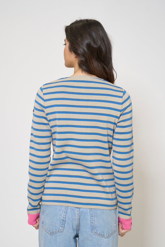 Striped knit pullover with contrasting cuffs