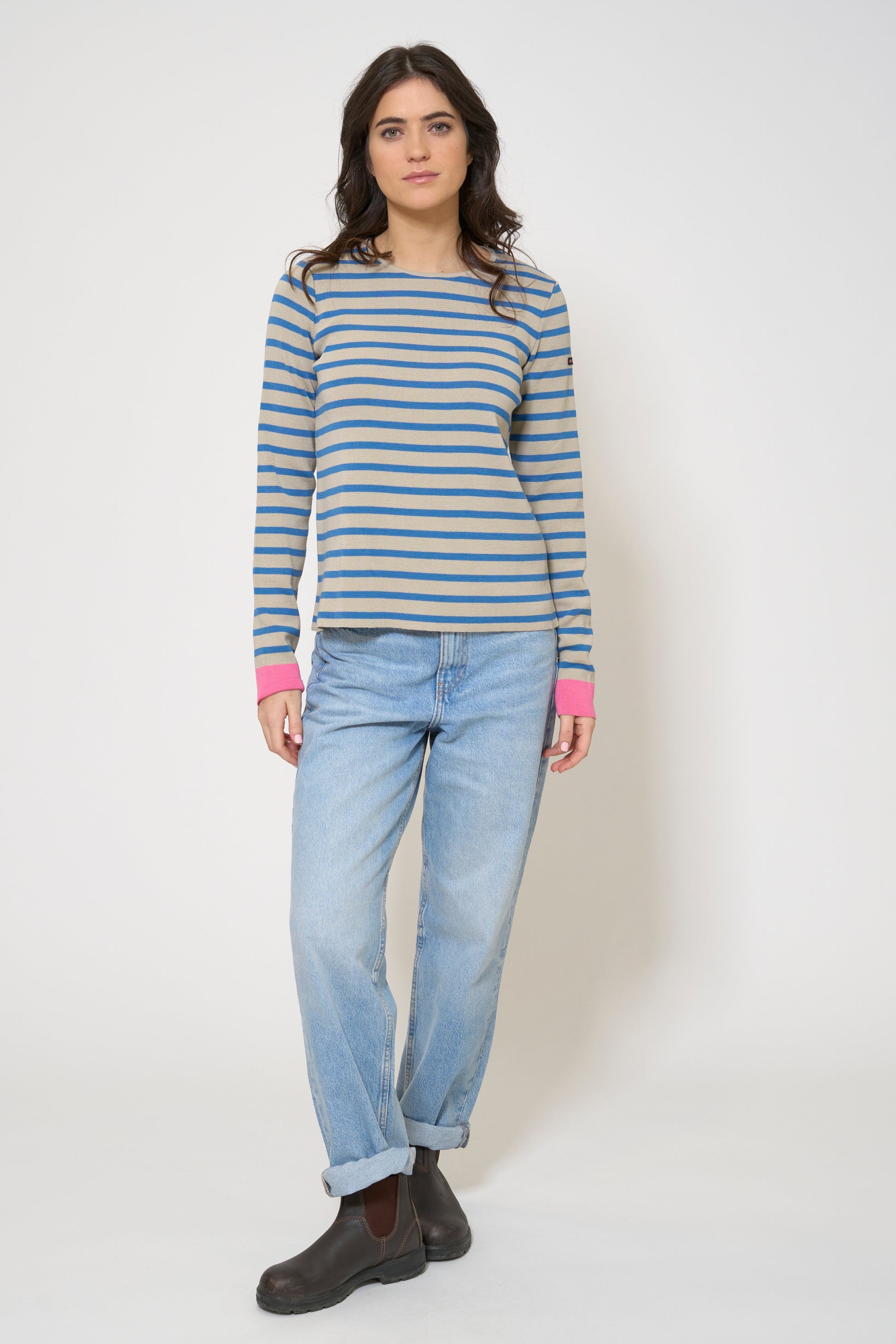 Striped knit pullover with contrasting cuffs