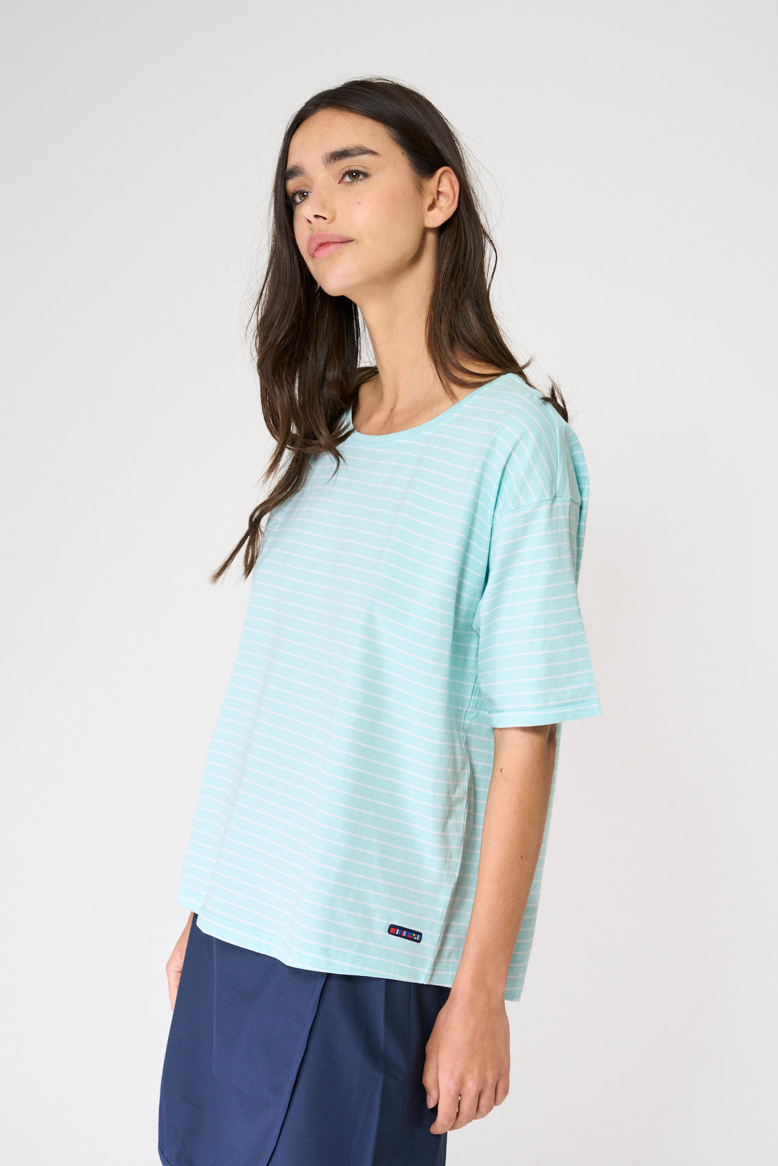 Striped top with button-back detail