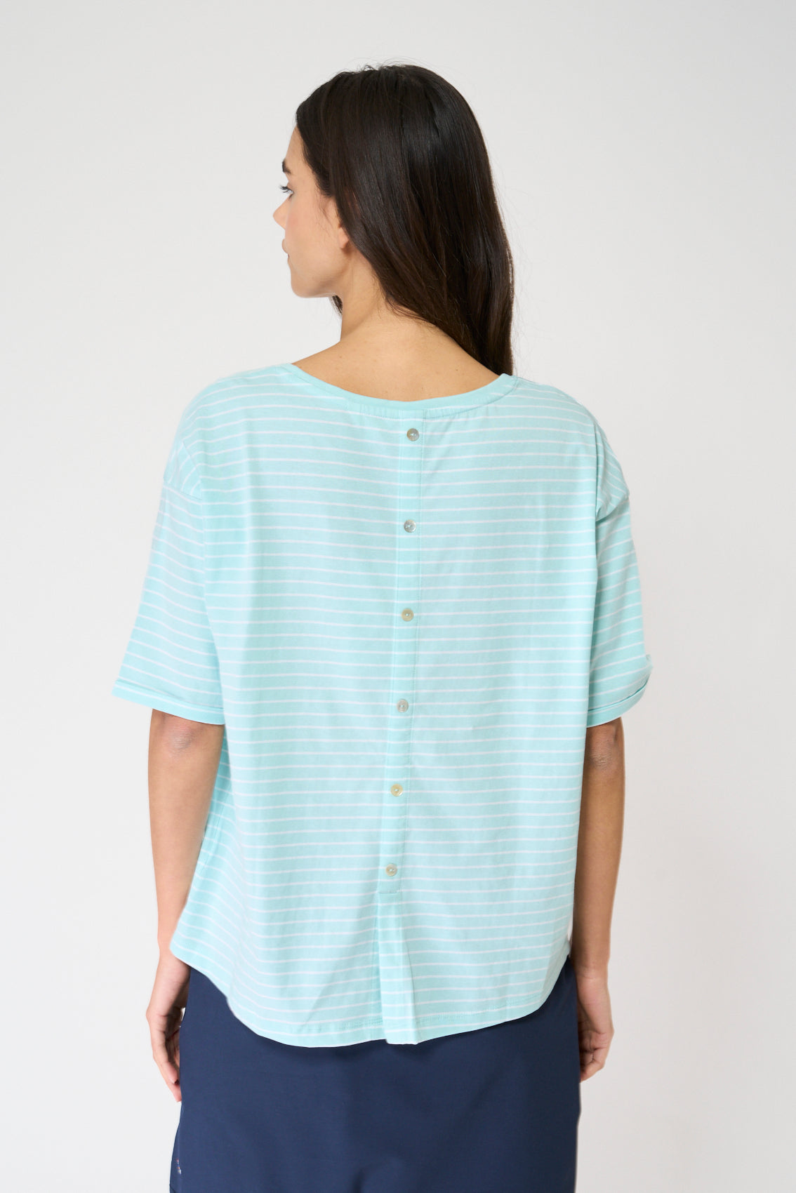 Striped top with button-back detail
